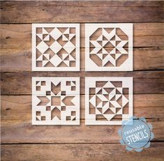 four pieces of paper cut out to look like geometric designs on wooden background with text overlay