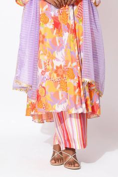 Orange and lavender crepe anarkali with floral print, trims and cutwork detailing. Paired with printed straight pant and lavender organza dupatta with embellishment. - Aza Fashions Organza Dupatta, Pants Pattern, Cut Work, Pant Set, Straight Pants, Set For Women, Anarkali, Aza Fashion, Fashion Set