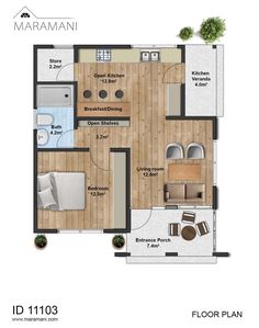 the floor plan for a small apartment with two bedroom and one bathroom, which is located in