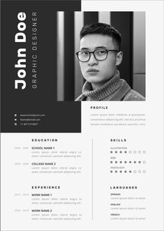 John Modern CV Template Black and White Printable Resume Template Cv Photo, Cv Website, Template Black And White, It Cv, Graphic Design Cv, Modern Cv Template, Basic Resume, Resume Design Professional