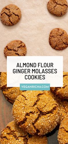 almond floured ginger molasses cookies on a baking sheet with text overlay