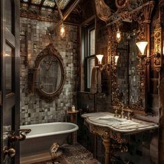 an ornate bathroom with a claw foot bathtub and antique style mirror above the sink