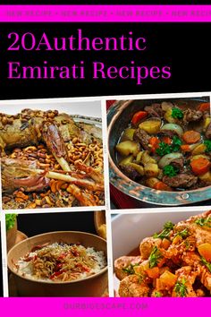 the cover of 20 authentic emirati recipes with pictures of different foods and vegetables