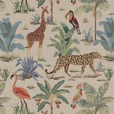 an animal themed wallpaper with birds, giraffes, and other animals