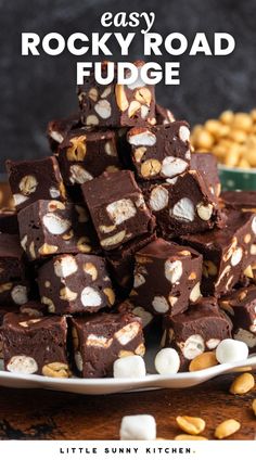 chocolate rocky road fudge on a plate with marshmallows