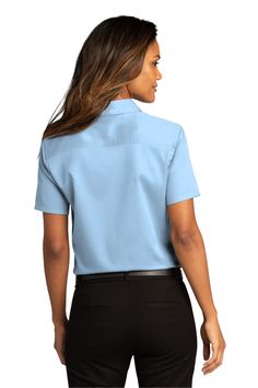 Port Authority ® Ladies Short Sleeve SuperPro ™ React ™ Twill Shirt - CLOUD BLUE - S | Port Authority Women's Short Sleeve SuperPro React Twill Shirt in Cloud Blue Size Small Port Authority, Twill Shirt, Ladies Short, Text Style, Office Outfits, Polished Look, One Shoulder Blouse, Royal Blue, Open Shoulder Tops