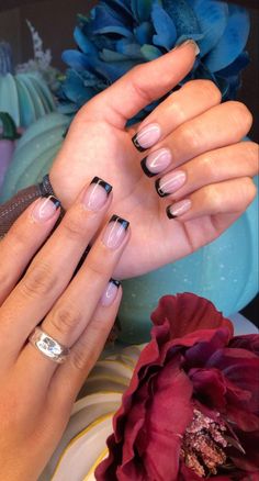 Black French Tip Dip Nails, Black French On Short Nails, Black Tip Acrylic Nails Short, Dip Powder Black French Tip, Black Tip Dip Powder Nails, French Black Nails Square, Gel French Manicure Black, Black French Tip Nails Rounded Square, Acrylic Nail Black French Tip