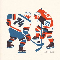 an image of two hockey players on the ice with numbers painted on their jerseys