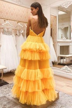 V Neck Backless Yellow Tulle Layered Long Prom Dresses, Layered Yellow – Shiny Party Yellow Prom Dresses, Yellow Prom, Dress Layer, Prom Dresses Yellow, Make Your Own Dress, Long Sleeve Gown, Pleated Bodice, Tulle Prom Dress, Evening Gowns Formal