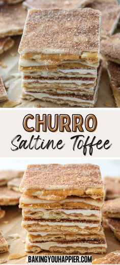 some pancakes stacked on top of each other with the words churro written above them