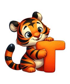 a cartoon tiger holding the letter t