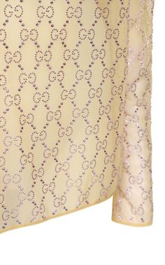 A creamy yellow top will sparkle brightly in the light. This effect is created by soft lilac rhinestones, with which the signature GG Supreme pattern is laid out on. Round neckline. Long sleeves.straight hemSheer coverageEmbellished with crystals. All over embellishment placement may vary. Material: 74% Polyamide , 26% ElastaneEmbroidery: crystal glassColor: yellow Gucci Bodysuit, Chevron Outfit, English Clothes, Chevron Jewelry, Tulle Top, Gucci Shop, Chloe Shoes, Luxury Women Fashion, Yellow Top