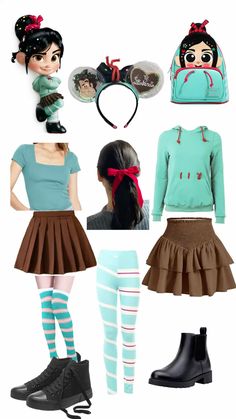 several different outfits and accessories are shown in this image