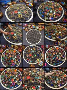 several pictures of different colored buttons on a plate with holes in the middle and circles around them