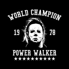 a black shirt with the words world champion power walker in white letters and an image of a woman's face