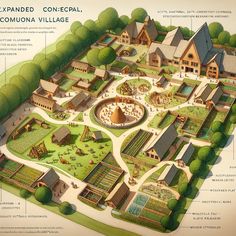 an illustrated map shows the various types of buildings and gardens