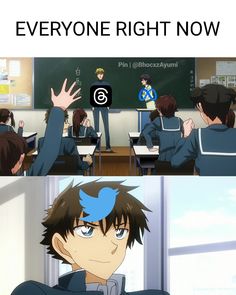 an anime classroom with the caption everyone right now