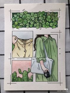 a drawing of a woman holding a purse in front of a window with green plants