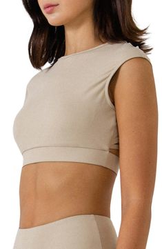 Crisscrossing straps bridge the open back of a cap-sleeve crop top that's a sporty workout staple. 75% nylon, 25% spandex Hand wash, line dry Imported Fitted Crop Top With Built-in Bra For Gym, 4-way Stretch Crop Top With Built-in Bra For Pilates, Fitted Crop Top With Built-in Bra For Pilates, Medium Support Cropped Yoga Crop Top, Medium Support Cropped Top For Yoga, Fitted Crop Top With Light Support For Pilates, Summer Fitted Crop Top For Pilates, Fitted Workout Crop Top With Built-in Bra, Fitted Crop Top For Summer Pilates