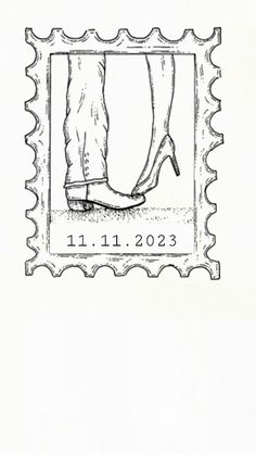 a stamp with a drawing of a woman's legs and shoes on it, in black ink