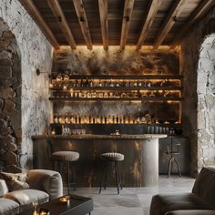 a room with stone walls and wooden ceilinging is lit up by lights from the windows