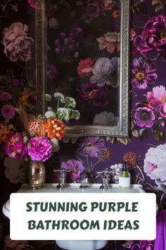 An ornate bathroom with purple floral wallpaper, a mirror with an elaborate frame, and a vase of vibrant flowers on the sink counter showcasing bathroom decor inspiration. Purple Bathroom Decor Ideas, Purple Bathroom Ideas, Bohemian Bathroom Ideas, Lavender Bathroom, Purple Bathroom Decor, Lavender Walls, Dark Bathroom Ideas, Purple Bathroom, All White Bathroom