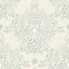 a wallpaper with birds and flowers in grey on white background, as well as an ornate border