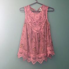 Size Large Juniors Self Esteem Tank With Laced Floral Pattern And Mesh Material. New Without Tags! Great Condition!! Cute Sleeveless Top With Lace Trim, Cute Sleeveless Lace Trim Tops, Yellow Sleeveless Top With Lace Trim, Yellow Lace Trim Sleeveless Top, Casual Pink Blouse With Lace Trim, Casual Yellow Tops With Lace Trim, Cute Summer Lace Top, Butterfly Print Dress, Modern Victorian