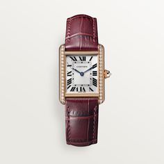 Cartier - Tank Louis Cartier watch - Watch Woman Gold/Leather - Tank Louis Cartier watch, small model, Manufacture mechanical movement with manual winding. Case and beaded crown in 18K rose gold (750/1000) set with 41 brilliant-cut diamonds totaling 0.47 carat. Silver-grained dial, blued-steel sword-shaped hands, mineral crystal, claret alligator-skin strap, ardillon buckle in 18K rose gold (750/1000). Case dimensions: 29.5 mm x 22.0 mm. Thickness: 6.8 mm. Water-resistant up to 3 bar (approx. 30 Tank Louis Cartier, Cartier Watches Women, Beaded Crown, Cartier Earrings, Tank Watch, Diamond Jewelry Set, Gold Watches Women, Cartier Tank, Cartier Watch