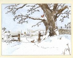 a drawing of a tree in the snow with birds perched on it's branches