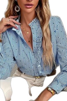 Chic Non-stretch Button-up Blouse, Chic Non-stretch Long Sleeve Shirt, Non-stretch Long Sleeve Blouse For Day Out, Chic Long Sleeve Shirt, Spring Office Collared Tops, Spring Non-stretch Collared Blouse, Non-stretch Summer Office Blouse, Striped Tops For Office In Spring, Spring Office Striped Tops