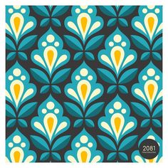 a blue and yellow wallpaper with an abstract design