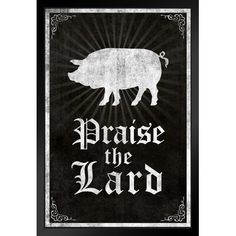 a black and white pig with the words praise the lord on it's back