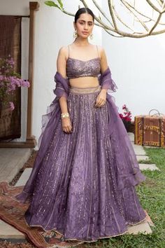 Shop for Jade by Monica and Karishma Purple Organza Valini Embroidered Lehenga Set for Women Online at Aza Fashions Lavender Suits For Women Indian, Lavender Dress Outfit Wedding, Purple Reception Dress, Lavender Colour Lehenga, Modern Lehangas, Strappy Blouse, Baju Kahwin, Engagement Lehenga