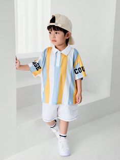 2pcs/Set Young Boys' Casual Sporty College Street Style Colorblock Striped & Letter Print Oversized Drop Shoulder Turn-Down Collar Short Sleeve Polo Shirt And Outer Seam Shorts, Great For Daily School And Travel In Spring And Summer Multicolor Casual  Short Sleeve Knitted Fabric,Woven Fabric Letter  Slight Stretch  Young Boys Clothing, size features are:Bust: ,Length: ,Sleeve Length: College Street Style, Fabric Letters, Boys Set, Casual Sporty, Boys Casual, Boys Clothing, Short Sleeve Polo, Letter Print, Drop Shoulder