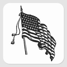 an american flag with tassels flying in the wind on a white square sticker