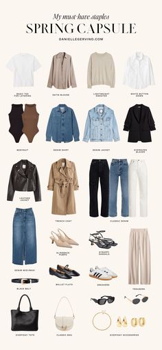 How To Dress European Style, Staple Pieces For Wardrobe, Capsule Wardrobe 2024 Spring, Spring Capsule Wardrobe 2024, Dressing Capsule, Travel Capsule Wardrobe Spring, Capsules Wardrobe, Capsule Packing, Eurotrip Outfits