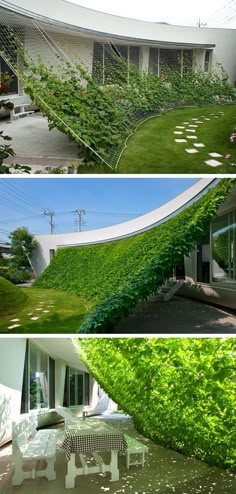 four different views of a house with green plants growing on the outside and in the inside