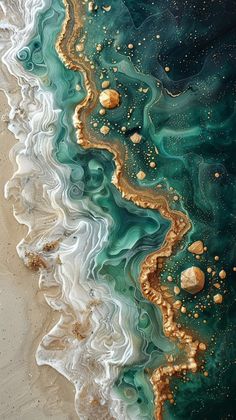 an abstract painting with gold and green colors on the water's edge, as well as rocks