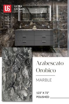 the marble bathroom is shown in grey and black tones, with an open vanity area