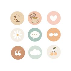 six circles with different types of food and drinks on them, all in pastel colors