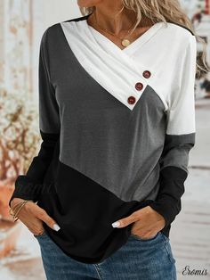 Eromis - Stylish Color Block V-Neck Long Sleeve T-Shirt for Women - Comfortable Casual Loose Fit with Button Detailing - Fashionable Womens Clothing Gray V-neck Tops With Button Closure, White V-neck T-shirt With Button Closure, White V-neck Top With Buttons, Gray V-neck Top With Buttons, T Shirt For Women, Neck Designs, Collar Style, Long Sleeve T Shirt, Color Block