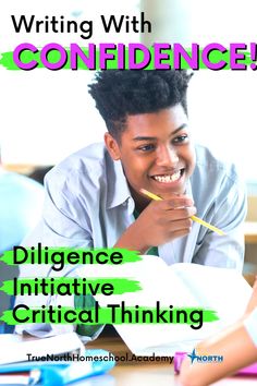 a young man smiling while holding a pencil in his hand and writing on paper with the words, writing with confidence