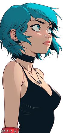 a drawing of a woman with blue hair and piercings on her ears, wearing a black top