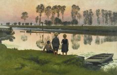 two children looking out over a lake at the sunset with a boat in the foreground