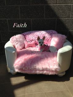 a small dog is sitting in a pink chair