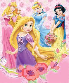 the disney princesses are all dressed up in their beautiful outfits and dresses, with pink flowers