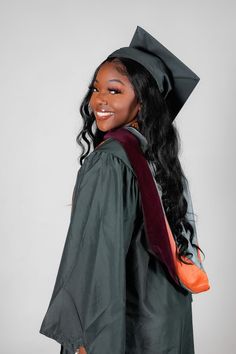 grad photoshoot, grad photoshoot inspo, hbcu, college, green cap and gown, orange dress, graduation dress, stole, tassle, poses, graduate photo poses, black girl, graduation makeup, darkskin, darkskin makeup, studio graduate photoshoot Black Graduation Pictures, Convocation Photoshoot, Graduate Photoshoot, Graduation Photoshoot Ideas, Graduation Shoot, Mastered It