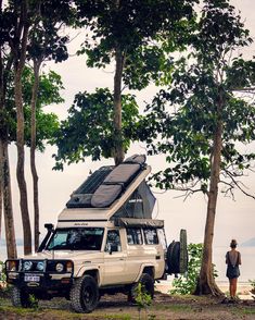 a white van parked next to some trees near the ocean with a person looking at it