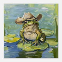 a painting of a frog wearing a cowboy hat sitting on a lily pad in the water